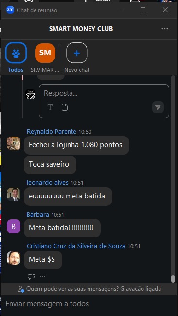 Alunos compartilhando metas concluídas durante encontro ao vivo